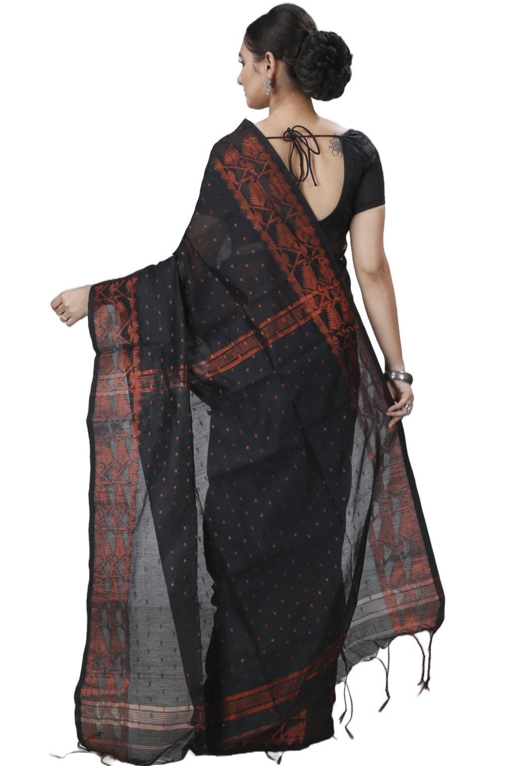 Black Blended Cotton Temo Hand Loom Saree (1264)